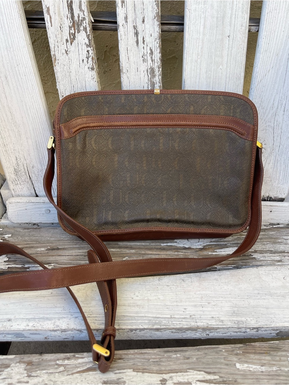 Gucci Vintage GG Monogram Canvas Crossbody Messenger Bag Brown Leather Trim